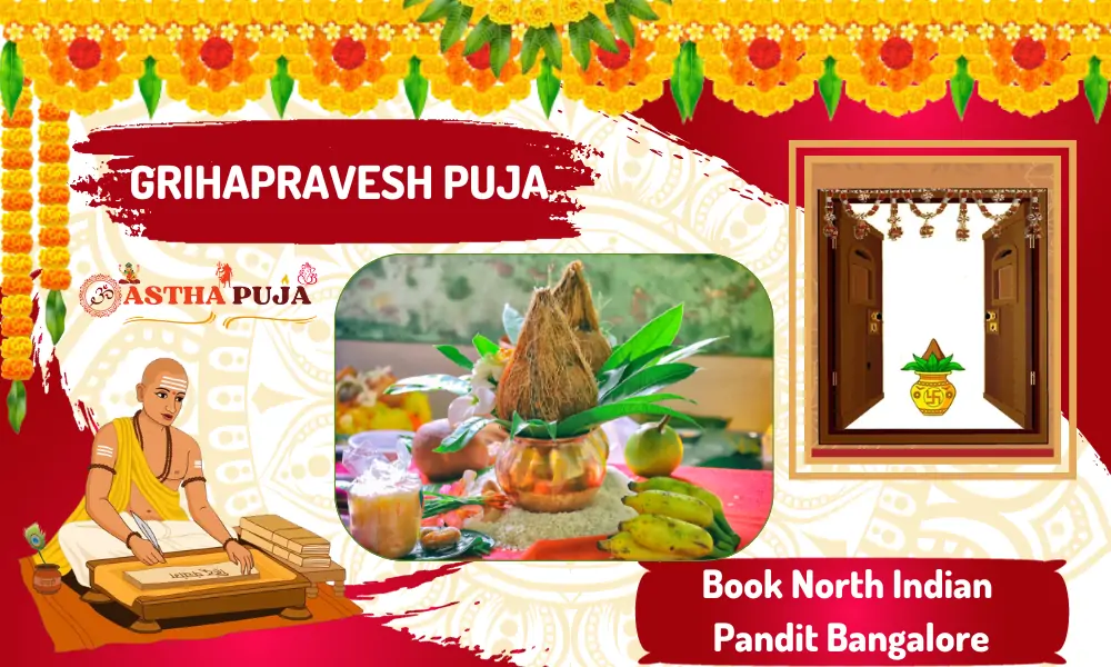 Griha Pravesh Puja banner with ritual setup and blessings